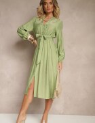 unigirl Rochie Cloș Verde din Viscoză Decorată cu Broderie și cu Centură cu Legare Elvania