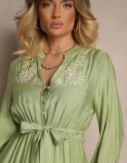 unigirl Rochie Cloș Verde din Viscoză Decorată cu Broderie și cu Centură cu Legare Elvania