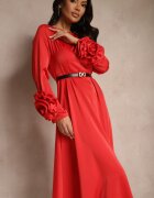 unigirl Rochie Cocktail Roșie cu Aplicații Florale 3D pe Mâneci și Curea Temiraia