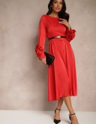 unigirl Rochie Cocktail Roșie cu Aplicații Florale 3D pe Mâneci și Curea Temiraia