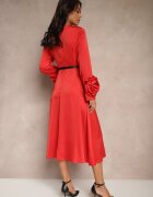 unigirl Rochie Cocktail Roșie cu Aplicații Florale 3D pe Mâneci și Curea Temiraia