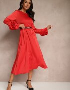 unigirl Rochie Cocktail Roșie cu Aplicații Florale 3D pe Mâneci și Curea Temiraia