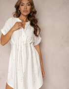 unigirl Rochie cutie albă cu șnur în talie și decorată cu zirconii Quilefia