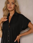 unigirl Rochie de cămașă neagră cu mâneci rulate cu nasturi Moarielle