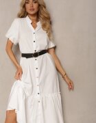 unigirl Rochie Evazată Albă Încheiată cu nasturi cu Centură din Piele Ecologică și Mânecă Scurtă Wontia