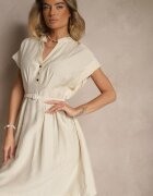 unigirl Rochie Evazată Bej din Viscoză cu Centură Închisă cu Capse Seporine