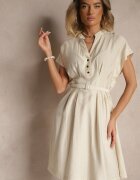unigirl Rochie Evazată Bej din Viscoză cu Centură Închisă cu Capse Seporine