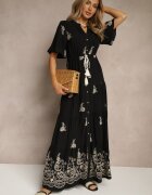 unigirl Rochie Evazată Neagră Boho din Viscoză Decorată cu Broderie și cu Legături Falvania