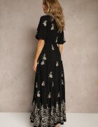 unigirl Rochie Evazată Neagră Boho din Viscoză Decorată cu Broderie și cu Legături Falvania