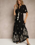 unigirl Rochie Evazată Neagră Boho din Viscoză Decorată cu Broderie și cu Legături Falvania