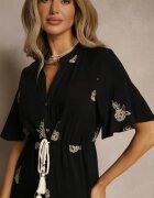 unigirl Rochie Evazată Neagră Boho din Viscoză Decorată cu Broderie și cu Legături Falvania