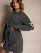 unigirl Rochie Gri închisă Tip pulover cu lână decorată cu zirconii curea și decupaje Zolida