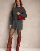 unigirl Rochie Gri închisă Tip pulover cu lână decorată cu zirconii curea și decupaje Zolida