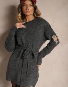 unigirl Rochie Gri închisă Tip pulover cu lână decorată cu zirconii curea și decupaje Zolida