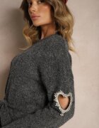 unigirl Rochie Gri închisă Tip pulover cu lână decorată cu zirconii curea și decupaje Zolida