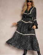 unigirl Rochie Gri leopard Evazată Decorată cu Borduri Ondulate Zetilaine