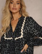 unigirl Rochie Gri leopard Evazată Decorată cu Borduri Ondulate Zetilaine
