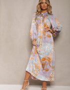 unigirl Rochie Lungă Albastru-Violet cu Mâneci Largi cu Elastic și Drapaje Decorative Tamiafe