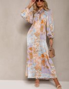 unigirl Rochie Lungă Albastru-Violet cu Mâneci Largi cu Elastic și Drapaje Decorative Tamiafe