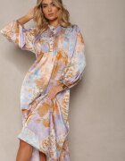 unigirl Rochie Lungă Albastru-Violet cu Mâneci Largi cu Elastic și Drapaje Decorative Tamiafe