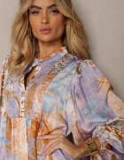 unigirl Rochie Lungă Albastru-Violet cu Mâneci Largi cu Elastic și Drapaje Decorative Tamiafe