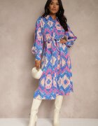 unigirl Rochie Midi Albastru-Roz cu croială de cămașă decorată cu model în stil etno Thailven