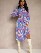 unigirl Rochie Midi Albastru-Roz cu croială de cămașă decorată cu model în stil etno Thailven