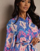 unigirl Rochie Midi Albastru-Roz cu croială de cămașă decorată cu model în stil etno Thailven