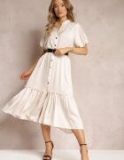 unigirl Rochie Midi Bej cu Volan Decorativ și Curea Suplimentară din Imitație de Piele Charlotona