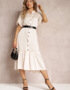 unigirl Rochie Midi Bej cu Volan Decorativ și Curea Suplimentară din Imitație de Piele Charlotona