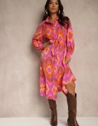 unigirl Rochie Midi Fucsia cu Croială Tip Cămașă Decorată cu Model Etnic Thailven