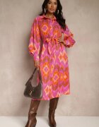 unigirl Rochie Midi Fucsia cu Croială Tip Cămașă Decorată cu Model Etnic Thailven