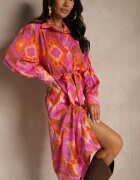 unigirl Rochie Midi Fucsia cu Croială Tip Cămașă Decorată cu Model Etnic Thailven