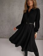 unigirl Rochie Midi Neagră evazată cu nasturi și curea decorată cu pliuri Lathori
