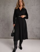 unigirl Rochie Midi Neagră evazată cu nasturi și curea decorată cu pliuri Lathori