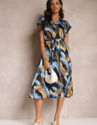 unigirl Rochie Midi Negru-Albastră Imprimată cu Guler și Centură din material Jenica