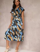 unigirl Rochie Midi Negru-Albastră Imprimată cu Guler și Centură din material Jenica