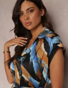 unigirl Rochie Midi Negru-Albastră Imprimată cu Guler și Centură din material Jenica