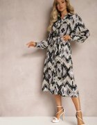 unigirl Rochie Midi Negru-Gri cu croială tip cămașă decorată cu model în stil etno Thailven