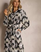 unigirl Rochie Midi Negru-Gri cu croială tip cămașă decorată cu model în stil etno Thailven