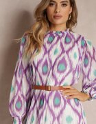 unigirl Rochie Mov Decorată cu Model și Plisare cu Cureaua Inclusă Bertina