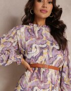 unigirl Rochie Mov Plisată Midi cu mânecă lungă și curea cu cataramă Lizeta