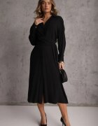 unigirl Rochie Neagra camasa din Vascoza cu Drapaj Asimetric si Nasture Hetasa