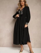 unigirl Rochie Neagră Cloș cu Viscoză Decorată cu Broderie și Legată în Talie Ninalisa