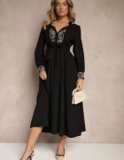 unigirl Rochie Neagră Cloș cu Viscoză Decorată cu Broderie și Legată în Talie Ninalisa
