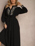 unigirl Rochie Neagră Cloș cu Viscoză Decorată cu Broderie și Legată în Talie Ninalisa