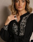 unigirl Rochie Neagră Cloș cu Viscoză Decorată cu Broderie și Legată în Talie Ninalisa