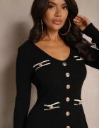unigirl Rochie Neagră Cloș din Viscoză cu Imitație de Buzunare și Nasturi Izadria