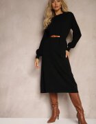 unigirl Rochie Neagră cu adaos de Vâscoză cu curea și mâneci decorative Daiviane