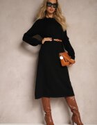 unigirl Rochie Neagră cu adaos de Vâscoză cu curea și mâneci decorative Daiviane